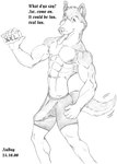 abs anthro balls_outline bottomwear bulge clothed clothing detailed_bulge dialogue ear_piercing ear_ring erection genital_outline looking_at_viewer male muscular muscular_anthro muscular_male nipples pecs penis_outline piercing ring_piercing shorts_only solo text tight_bottomwear tight_clothing topless nudog canid canine canis domestic_dog husky mammal nordic_sled_dog spitz 2000 black_and_white graphite_(artwork) monochrome traditional_media_(artwork)