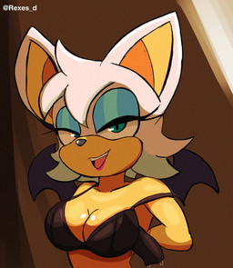 anthro big_breasts breasts clothed clothing female looking_at_viewer membrane_(anatomy) membranous_wings simple_background solo undressing unhooked_bra unhooking_bra wings rexes_d_(artist) sega sonic_the_hedgehog_(series) rouge_the_bat bat mammal digital_media_(artwork) hi_res