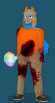 absurd_res anthro blood blue_scarf bodily_fluids bottomwear bovid caprine clothing conditional_dnp cookware floppy_ears frying_pan fur goat grey_body grey_fur grin gusta gusta_(gusta) hair hi_res hoodie horn khaki_pants kitchen_utensils looking_at_viewer male mammal melee_weapon narrowed_eyes nosebleed orange_clothing orange_eyes orange_hoodie orange_horn orange_stripes orange_topwear pants scarf smile solo standing stripes tools topwear torn_bottomwear torn_clothing torn_pants torn_topwear weapon wounded