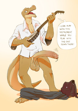 anthro balls banjo_(instrument) big_balls big_penis bodily_fluids bottomwear bottomwear_down clothed clothing dialogue genital_fluids genitals half-erect humanoid_genitalia humanoid_penis long_penis male musical_instrument open_mouth pants pants_down partially_clothed penis plucked_string_instrument precum precum_string saggy_balls solo standing string_instrument text banana_da_boi reptile scalie absurd_res english_text hi_res