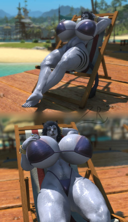 anthro beach big_breasts bikini breasts clothing dark_hair female fur fur_markings furniture green_eyes hand_behind_head hand_on_breast huge_breasts markings pubes ring solo swimwear tail two-piece_swimsuit water furryrex final_fantasy final_fantasy_xiv square_enix felid feline hrothgar mammal hi_res