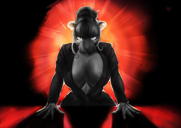 bangs big_breasts black_background black_clothing black_dress black_jacket black_topwear breasts business_attire business_suit cleavage clothed clothing dramatic_lighting dress female glowing glowing_eyes hair hair_bun hands_on_table inner_boob jacket leaning_on_table light light_beam looking_at_viewer red_background red_lighting rim_light round_ears simple_background small_waist solo stare suit tight_clothing topwear wide_hips umbraunderscore felid leopard mammal pantherine snow_leopard absurd_res hi_res