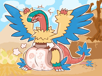 3_fingers 3_toes ambiguous_gender big_diaper blue_body blue_feathers blue_wings blush blush_lines claws clean_diaper clothed clothing cloud cloud_emanata dead_tree detailed_background diaper diaper_only diaper_puff egg emanata eyes_closed feathers feet feral finger_claws fingers nest plant proud raised_arms red_body red_tail rock sharp_teeth sky smile solo tail tail_feathers teeth toe_claws toes toothy_grin topless tree wearing_diaper winged_arms wings yellow_body yellow_feathers diaperteetah nintendo pokemon archeops fossil_pokemon generation_5_pokemon pokemon_(species) 2025 4:3 hi_res signature