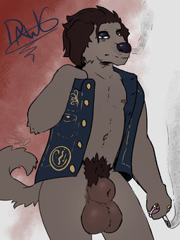 animal_genitalia anthro balls big_balls big_sheath black_eyeshadow blue_eyes bottomless brown_hair cigarette clothed clothing denim denim_clothing denim_jacket denim_topwear eyeshadow front_view frown fur genitals grey_body grey_fur hair jacket jacket_only makeup male nipples pubes ring sheath slightly_chubby smoke smoke_from_nose smoking smoking_cigarette solo standing topwear topwear_only poorsal dawg_(poorsal) borzoi canid canine canis domestic_dog hunting_dog mammal sighthound 3:4 hi_res