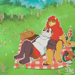 anthro breeze chill date duo grass grass_field lounging male paws picnic picnic_blanket plant wind cosmicleafarts aki_(thedecisivepanda) leonviril bear felid giant_panda lion mammal pantherine 1:1 animated