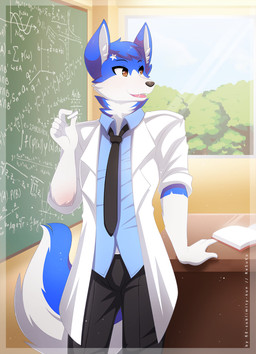5_fingers against_desk against_furniture against_surface anthro biped black_necktie black_nose blue_body blue_clothing blue_dress_shirt blue_fur blue_hair blue_shirt blue_topwear book border bottomwear brown_nose chalk chalkboard classroom clothed clothing coat collared_shirt day desk dress_shirt equation fangs fingers front_view fur furniture gloves_(marking) hair holding_chalk holding_object humanoid_hands information_board inner_ear_fluff inside lab_coat looking_aside male markings math necktie open_mouth open_smile orange_eyes pants plant rolled_up_sleeves school shirt short_hair smile solo standing table teacher teeth text topwear tree tuft white_body white_fur window re-sublimity-kun flare_star canid canine canis domestic_dog husky hybrid mammal nordic_sled_dog spitz wolf 2015 digital_media_(artwork) english_text hi_res shaded