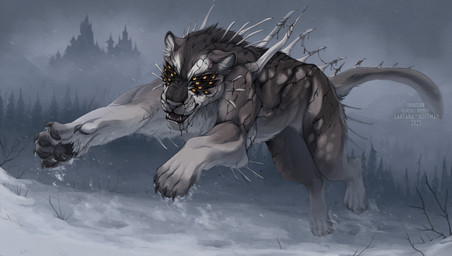 ambiguous_feral ambiguous_gender black_saliva bodily_fluids claws colored_saliva drooling fangs feral fur grey_body grey_claws grey_fur grey_nose grey_pawpads grey_tail multi_eye open_mouth outside pawpads pupils saliva slit_pupils snow snowing solo tail teeth unusual_bodily_fluids unusual_saliva white_body white_fur yellow_eyes santanahoffman felid mammal hi_res
