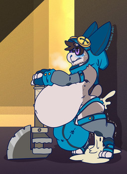 anthro armpit_hair armwear axe big_bulge big_butt blue_blush blue_clothing blue_hood blue_underwear blush bodily_fluids body_hair breath brown_hair bulge butt clothed clothing cum cum_from_ass cum_in_ass cum_inflation cum_inside elbow_gloves eyewear fingerless_gloves footwear fur genital_fluids gloves goggles grey_body grey_fur hair handwear hood inflation leaking_cum legwear male melee_weapon panting pubes sandals sharp_teeth shoes short_tail slightly_chubby solo sweat tail teeth thigh_highs tools topless underwear weapon wrench kokoro-doll grey_havens spiral_knights volt_(kokoro-doll) gremlin_(spiral_knights) 2021 hi_res