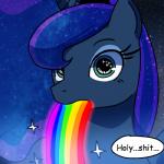 blue_eyes blue_hair female feral hair horn open_mouth rainbow solo technicolor_yawn text vomiting cakewasgood friendship_is_magic hasbro my_little_pony mythology princess_luna_(mlp) equid equine mammal mythological_creature mythological_equine unicorn 1:1 2014 english_text low_res reaction_image