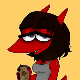 4_fingers anthro beverage breasts caffeine can canned_drink cleavage clothed clothing coffee container dark_hair eyelashes female fingers front_view glistening_eyelids grey_clothing grey_shirt grey_tank_top grey_topwear hair half-closed_eyes holding_can holding_coffee holding_container holding_object looking_at_viewer narrowed_eyes red_body red_tail shirt simple_background sleeveless_shirt solo tail tank_top topwear white_sclera yellow_background notohsoserious banjo-kazooie rareware notso_(notohsoserious) jinjo 1:1 2022 digital_drawing_(artwork) digital_media_(artwork) english_description half-length_portrait hi_res portrait