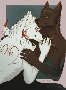 anthro black_nose cuddling duo eyes_closed female fur male male/female smile white_body white_fur cyotek capcom clover_studio okami_(capcom) amaterasu_(okami) darkwolf_(darkwolfdemon) canid canine canis deity mammal wolf absurd_res digital_media_(artwork) hi_res