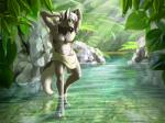 black_nose detailed_background feral nude partially_submerged quadruped solo standing towel water suzidragonlady canid canine canis mammal wolf 4:3 digital_media_(artwork)