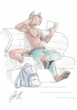 4_toes anthro backpack barefoot bench book bottomwear brown_body brown_eyes brown_fur brown_hair chest_tuft clothing denim denim_bottomwear denim_clothing feet fur hair jeans jeans_only male navel nipple_piercing nipples on_bench pants piercing reading reading_book red_hair sitting sitting_on_bench skinny slim solo tail toes tuft negy hyke_(hykewolffen) hykewolffen canid canine canis mammal wolf 2015 hi_res painting_(artwork) traditional_media_(artwork) traditional_painting_(artwork) traditional_watercolor_(artwork) watercolor_(artwork)