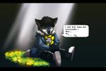 anthro black_bars black_hair blue_body blue_fur bodily_fluids clothed clothing crying duo fangs flower fur hair male plant scar simple_background sitting speech_bubble tears teeth text entsk undertale undertale_(series) canid canine mammal english_text