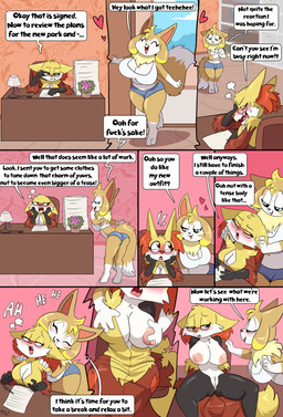 anthro areola biped bottomwear breasts clothed clothing detailed_background dialogue duo eyelashes eyewear female female/female fur genitals glasses looking_pleasured nipples outside palmorph pokemorph profanity pupils red_body smile speech_bubble text thick_thighs topwear vulva white_body fuf nintendo palworld pocketpair pokemon delphox generation_6_pokemon pal_(species) pokemon_(species) vixy_(pal) 2026 absurd_res comic english_text hi_res