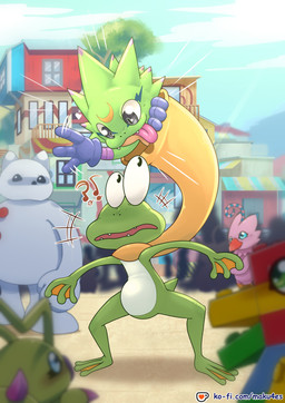 anthro brass_instrument confusion gesture green_body group long_tongue male musical_instrument smile text tongue town tuba waving wind_instrument maku4es bandai_namco digimon biyomon digimon_(species) frigimon gekkomon gekomon scalie toyagumon wormmon absurd_res hi_res url