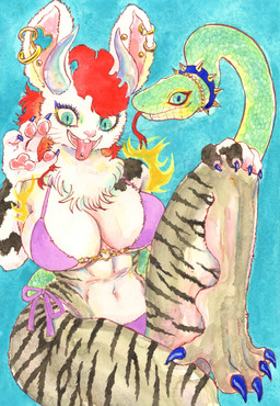 anthro big_breasts bikini breasts claws clothed clothing ear_piercing ear_ring fangs female forked_tongue fur hair horn industrial_piercing living_tail looking_at_viewer navel navel_piercing piercing red_hair ring_piercing simple_background snake_tail solo stripes swimwear tail teeth tongue tongue_out tongue_piercing two-piece_swimsuit unusual_anatomy unusual_tail kyokyota chimera felid hybrid lagomorph leporid mammal pantherine rabbit reptile scalie snake 2022 absurd_res hi_res traditional_media_(artwork)