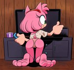 accessory anthro barefoot butt clothing controller feet female game_controller green_eyes headband joycon_controller nintendo_controller panties pink_body smile soles solo toes underwear deepcreases nintendo nintendo_switch sega sonic_the_hedgehog_(series) amy_rose eulipotyphlan hedgehog mammal hi_res