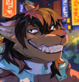 anthro black_hair blue_clothing blue_jacket blue_topwear brown_body brown_clothing brown_eyes brown_fur brown_jacket brown_topwear cheek_tuft clothed clothing dipstick_ears ear_markings ears_back facial_tuft fangs front_view fur glistening glistening_eyes grin hair jacket looking_at_viewer male male_anthro messy_hair multicolored_ears neon_sign pivoted_ears sign smile solo teeth topwear tuft corzh77 species_request bust_portrait hi_res portrait
