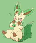 ambiguous_gender blush blush_lines brown_eyes featureless_crotch forepaw_on_face fur green_background green_body green_fur kemono pawpads paws pink_pawpads question_mark simple_background solo tan_body tan_fur park_horang nintendo pokemon eeveelution generation_4_pokemon leafeon pokemon_(species) 2021 absurd_res hi_res