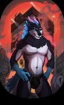 anthro blue_eyes city city_background clothed clothing fur horn male mane multicolored_body multicolored_fur partially_clothed solo underwear underwear_only mattiyyah_lion lars_(purplemoon) canid canine canis mammal wolf absurd_res hi_res