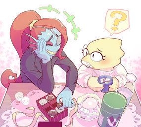 anthro anthro_on_anthro beverage candy chocolate clothing coffee_mug confusion crossbar_emanata dairy_products dessert duo emanata eye_patch eyes_closed eyewear female female/female fin food glasses grin hair hot_chocolate laugh marshmallow polygonal_speech_bubble ponytail question_mark red_hair sitting smile speech_bubble sweater topwear whipped_cream konbas undertale undertale_(series) alphys undyne animal_humanoid aquatic aquatic_humanoid dinosaur fish fish_humanoid humanoid prehistoric_species reptile scalie aliasing digital_media_(artwork) hi_res