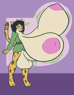 anthro balls balls_expansion big_balls big_breasts big_penis bottomless breast_expansion breasts bursting_breasts bursting_out_of_clothing clothed clothing expansion eye_bags genital_expansion genitals green_eyes gynomorph heart_eyes heart_symbol huge_breasts huge_penis humanoid_genitalia humanoid_penis hyper hyper_breasts hyper_genitalia hyper_penis intersex penis penis_expansion shirt solo topwear tunic wardrobe_malfunction nokamiwd sowilo_(runicrunez) cheetah felid feline mammal absurd_res hi_res