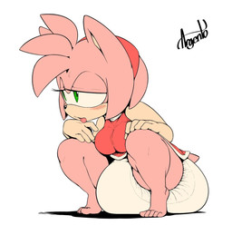 accessory anthro big_diaper blush breasts clothed clothing crouching diaper diaper_fetish dress eyelashes feces female fur green_eyes hair_accessory hairband headband lidded_eyes pink_body pink_fur pooping red_clothing red_dress sitting_on_diaper soiled_diaper soiling soiling_diaper solo tongue tongue_out unclean_diaper used_diaper using_diaper wearing_diaper white_diaper sophiepoof sega sonic_the_hedgehog_(series) amy_rose eulipotyphlan hedgehog mammal monochrome signature
