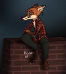 alley alternative_fashion anthro band-aid bandage biped blood bodily_fluids bracelet clothed clothing ear_piercing fur grunge_(fashion) jewelry male pattern_clothing pattern_shirt pattern_topwear piercing plaid plaid_clothing plaid_shirt plaid_topwear shirt simple_background sitting solo spiked_bracelet spikes topwear holmssie disney zootopia nick_wilde canid canine fox mammal 2017