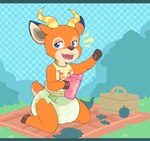 anthro blush clothed clothing container cup diaper gesture hooves horn kneeling male open_mouth outside picnic sleeveless_shirt smile solo teeth waving wearing_diaper bubblepuppers animal_crossing nintendo beau_(animal_crossing) antelope bovid mammal hi_res