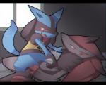 2015 anthro black_bars black_body black_fur blue_body blue_eyes blue_fur blush canid canine chromatic_aberration claws collar comic cowgirl_position duo eye_contact female female_on_top female_penetrated from_front_position fur generation_4_pokemon generation_5_pokemon grey_body grey_fur hair letterbox looking_at_another love lucario male male/female male_on_bottom male_penetrating male_penetrating_female mammal nintendo nongqiling on_bottom on_top open_mouth penetration penile penile_penetration penis_in_pussy pokemon pokemon_(species) red_eyes red_hair sex smile straddling tail vaginal vaginal_penetration zoroark