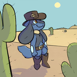 ambiguous_gender anthro belt black_body black_fur blue_body blue_fur boots brown_boots brown_clothing brown_footwear brown_hat brown_headwear cactus clothing cowboy_boots cowboy_hat cowboy_outfit day desert footwear fur hat headgear headwear orange_eyes outside plant sand shoes smile solo standing sun tail tumbleweed drowzycroaks nintendo pokemon generation_4_pokemon pokemon_(species) riolu 1:1 hi_res male_(lore)