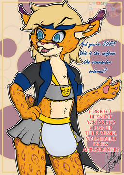 anthro blazer bottomwear clothed clothing crossdressing dialogue eyebrows eyewear femboy glasses inner_ear_fluff kerchief maid_uniform male misunderstanding pawpads raised_eyebrow simple_background skirt solo talking_to_another text topwear tube_top tuft uniform wearing_glasses amytheranda miwagi_rishir_(tailscribemitch) felid feline lynx mammal absurd_res english_text hi_res signature watermark