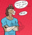 anthro brown_hair clothed clothing crossed_arms dialogue eyes_closed fur hair male offscreen_character question refuse shirt short_hair solo speech_bubble tan_body tan_fur text topwear carolzilla game_grumps equid equine horse mammal distracting_watermark english_text hi_res watermark