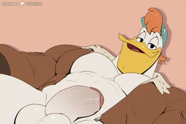 anthro balls beak big_balls big_penis black_eyes blue_clothing blue_hat blue_headwear bomber_jacket bottomless bottomless_anthro bottomless_male brown_clothing brown_jacket brown_topwear clothed clothing dutch_angle erection genitals glans hair hat headgear headwear humanoid_genitalia humanoid_penis jacket looking_at_viewer male male_anthro muscular muscular_anthro muscular_male open_clothing open_jacket open_mouth open_topwear orange_hair partially_clothed_anthro partially_clothed_male pecs penis pink_background pink_penis red_glans simple_background smile solo thick_penis topwear white_balls white_penis yellow_beak chicobo disney ducktales launchpad_mcquack anatid anseriform avian bird duck 2025 3:2