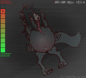 4_toes anthro belly big_belly black_body black_fur black_hair bone breasts dutch_angle feet female fetal_movement fingers fur gauge grey_body grey_fur hair hindpaw huge_belly humanoid_hands hyper hyper_belly hyper_pregnancy long_hair navel nipples nude nude_anthro nude_female outie_navel paws pregnant pregnant_anthro pregnant_female rapid_pregnancy skull skull_head solo standing static stretch_marks tail text toes tongue tongue_out dansharkman scp_foundation scp-1471-a canid canine malo mammal 2025 digital_drawing_(artwork) digital_media_(artwork) english_description english_text hi_res story story_in_description