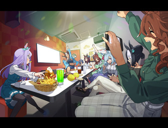 ahoge being_watched black_clothing black_footwear black_hair black_shirt black_shoes black_topwear blue_bottomwear blue_bra blue_clothing blue_hair blue_hotpants blue_jacket blue_shorts blue_skirt blue_sports_bra blue_topwear blue_underwear bottomwear bra breasts brown_hair cellphone clothed clothed_female clothed_humanoid clothing container cup dress drinking_glass ear_bow eating electronics eyes_closed eyewear female fist food_in_mouth footwear fully_clothed fully_clothed_female fully_clothed_humanoid furniture glass glass_container glass_cup green_clothing green_dress green_shirt green_topwear group hair high_heels holding_cellphone holding_microphone holding_musical_instrument holding_object holding_phone holding_smartphone hotpants inside jacket karaoke legwear lens_flare looking_at_another maraca microphone midriff musical_instrument open_clothing open_jacket open_mouth open_smile open_topwear pants pantyhose percussion_instrument phone purple_eyes purple_hair raised_arm raised_fist raised_hand shirt shoes shorts sitting skirt smartphone smile speaker sports_bra sunglasses table tambourine television topwear underwear white_bottomwear white_clothing white_pants white_shirt white_topwear kazue1000 cygames uma_musume_pretty_derby gold_ship_(pretty_derby) mejiro_ardan_(pretty_derby) mejiro_bright_(pretty_derby) mejiro_dober_(pretty_derby) mejiro_mcqueen_(pretty_derby) mejiro_palmer_(pretty_derby) mejiro_ramonu_(pretty_derby) mejiro_ryan_(pretty_derby) animal_humanoid equid equid_humanoid equine equine_humanoid horse_humanoid humanoid mammal mammal_humanoid 2026 hi_res letterbox