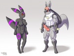 2013 abs alternate_color animal_genitalia animal_penis anthro anthrofied balls biceps black_body black_skin breasts bree_(impious) canid canine canine_genitalia canine_penis clothing duo eeveelution erection female fur generation_2_pokemon generation_4_pokemon genitals glistening happy hat headgear headwear impious knot luc_(impious) lucario male mammal muscular muscular_female navel nintendo nipples nude pecs penis pink_penis pokemon pokemon_(species) pokemorph pose pussy red_eyes shadow sheath simple_background smile spikes standing stare umbreon white_background