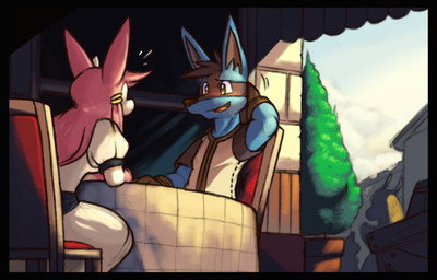 anthro black_border blush border chair clothing cloud dress duo female furniture hair hand_behind_head looking_at_another male outside pink_hair plant public restaurant shirt shrub sitting smile t-shirt table tablecloth topwear window dahecksajerry nintendo pokemon eeveelution generation_4_pokemon generation_6_pokemon lucario pokemon_(species) sylveon 2016 colored shaded