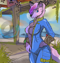 anthro breasts clothing desert exposed female jumpsuit ruins side_boob solo sunset vault_suit cor1998l fallout microsoft riley_the_fox canid canine fox mammal hi_res
