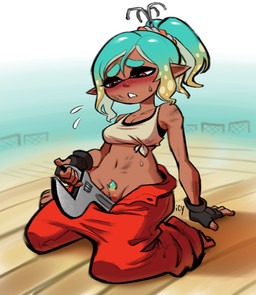 barefoot bite biting_lip biting_own_lip blue_clitoris blue_vulva blush bodily_fluids bottomwear bottomwear_down breasts cleavage clitoris clothed clothing dark_body dark_skin feet female fingerless_gloves genitals gloves grease handwear humanoid_pointy_ears improvised_sex_toy kneeling masturbation mechanic navel pants pants_down partially_clothed pointy_ears pseudo_hair pubes self_bite solo sweat tentacle_hair tentacles tools vaginal vaginal_masturbation vulva wrench iseenudepeople nintendo splatoon splatoon_raiders mechanic_(splatoon_raiders) animal_humanoid aquatic aquatic_humanoid cephalopod cephalopod_humanoid humanoid inkling mollusk mollusk_humanoid 2025 hi_res