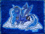 blue_body blue_eyes blue_hair cloud crossed_legs crown feathers female feral hair headgear horn looking_at_viewer lying_on_cloud night princess regalia royalty solo spread_wings star wings deidad_dissitum friendship_is_magic hasbro my_little_pony mythology princess_luna_(mlp) equid equine horse mammal mythological_creature mythological_equine pony winged_unicorn hi_res traditional_media_(artwork)