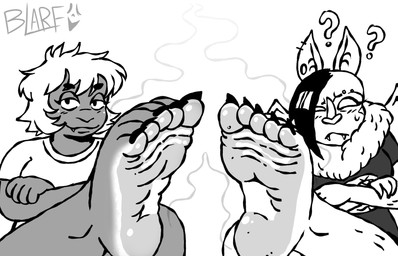 5_toes anthro claws curling_toes cute_fangs dirty dirty_feet duo eyebrow_piercing facial_piercing fangs feet female foot_focus hair musk piercing question_mark short_hair smelly smelly_feet stink_fumes stink_lines teeth toe_claws toes wings wrinkled_feet wrinkles blarf022 aida_(twistedfurby) vranda_von_bat_(blarf022) aquatic bat fish honduran_white_bat leaf-nosed_bat mammal microbat shark yangochiropteran 2025 absurd_res black_and_white hi_res monochrome