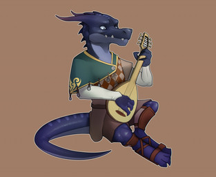 2_horns 3_toes 4_fingers anthro armor bard biped blue_body blue_skin brown_background clothed clothing digitigrade feet fingers footwear fully_clothed greaves holding_musical_instrument holding_object horn lute male musical_instrument outline playing_music plucked_string_instrument sandals sharp_teeth shoes simple_background sitting solo string_instrument tail tan_background teeth toes white_eyes korichi kobold scalie 2017 character_request