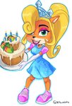 anthro armwear blonde_hair cake clothing crown dessert elbow_gloves eyeshadow female food footwear fruit gloves green_eyes hair handwear headgear lipstick long_hair makeup open_mouth open_smile plant ponytail simple_background smile solo teeth nitroneato activision crash_bandicoot_(series) coco_bandicoot bandicoot mammal marsupial 2019 hi_res signature