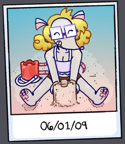 anthro blonde_hair bottomwear bucket clothing container crop_top eyes_closed eyewear female freckles glasses grey_body hair pawpads paws photo sand_castle sculpture sharp_teeth shirt shorts sitting smile solo spread_legs spreading teeth topwear young pwnnie ratgore_(pwnnie) mammal murid murine rat rodent hi_res