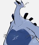 anthro belly big_belly blush bodily_fluids embarrassed exclamation_point long_neck male measuring overweight overweight_male simple_background solo sweat tape_measure waistband white_background po_chf nintendo pokemon generation_2_pokemon legendary_pokemon lugia pokemon_(species) hi_res