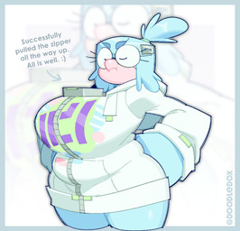 accessory anthro beak belly big_belly big_breasts big_zipper blue_body blue_feathers bottomless breasts clothed clothing eyelashes eyes_closed eyewear feather_hands feathers female glasses hair hair_accessory hair_tie hairclip hands_on_hips hoodie hoodie_only huge_breasts non-mammal_breasts overweight overweight_anthro overweight_female print_clothing print_hoodie print_topwear solo text thick_thighs tied_hair topwear topwear_only white_clothing white_hoodie white_topwear doodledox verity_(doodledox) avian bird 2023