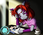 anthro blue_body blue_fur clothed clothing fur hair hi_res male purple_eyes red_hair sad solo tired tired_eyes voramera wade_(voramera) writing_text