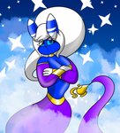 anthro blue_body breasts crossed_arms detailed_background female floating hair happy lamp looking_at_viewer magic_lamp neck_ring smile smoke solo sparkles waistband white_hair wristband pokenerd2499 nintendo pokemon generation_6_pokemon genie meowstic pokemon_(species) 2020